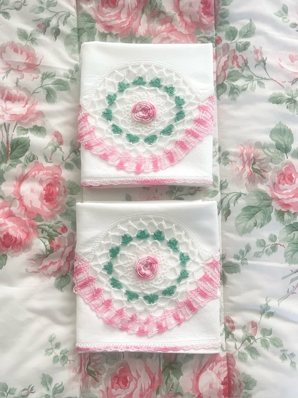 Vintage Pillowcases White w Pink & Green Crochet Trim Handmade Shabby Chic